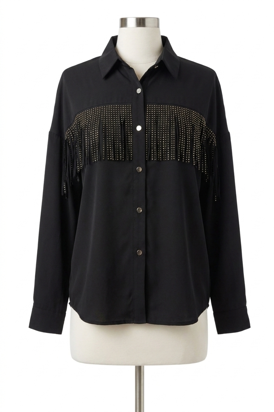 NEW ANNIEWEAR rhinestone fringe blouse in black